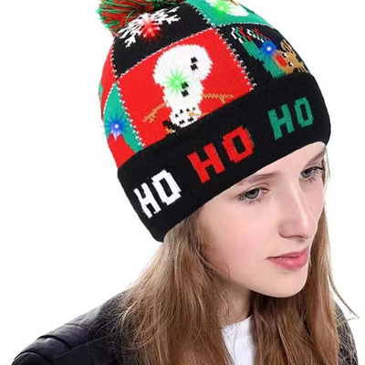 Led Christmas Hat Light-Up Sweater Knitted Santa  Gift Kids Adult Xmas Beanie Winter Festival Elk Snowflake Hat