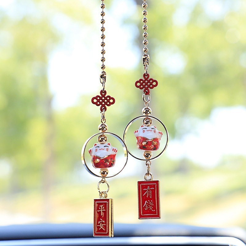 Car Pendant Hanging Ceramic Fortune Cat Gold Interior Pendant Fashion Cute Pretty Interior Accessories