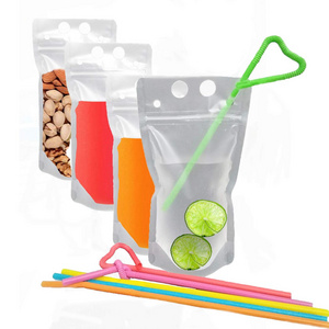 Hand-Held Translucent Reclosable Zipper Stand-up Plastic Pouches Bags Drinking Disposable Juice Drink Pouch with Straws