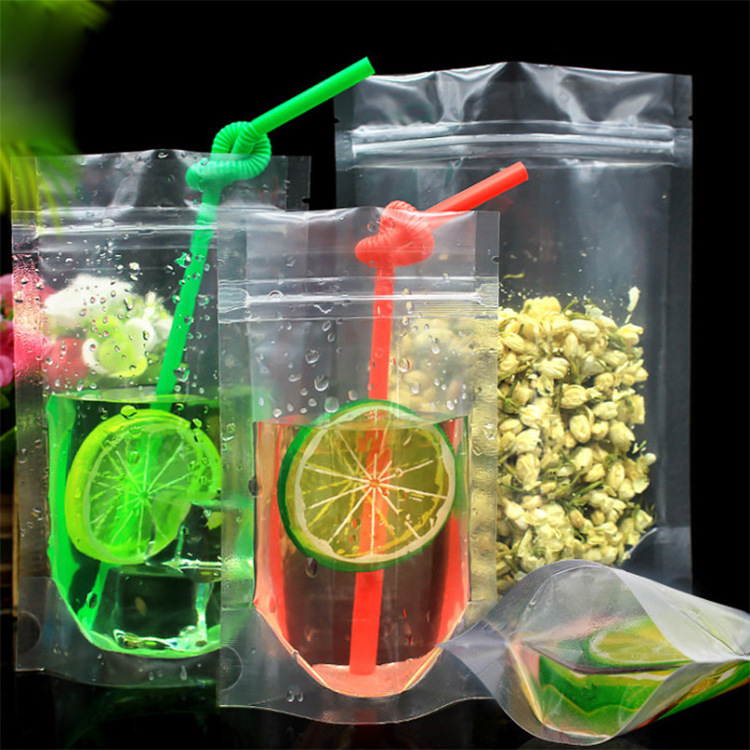 Hand-Held Translucent Reclosable Zipper Stand-up Plastic Pouches Bags Drinking Disposable Juice Drink Pouch with Straws