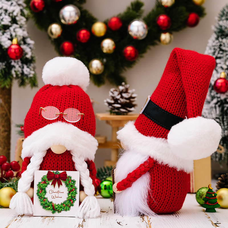 Red Knitted Santa Hairball Hat Faceless Dolls Couple Gnomes Hold Wood Tag Standing Plush Dwarf For Merry Christmas Gifts