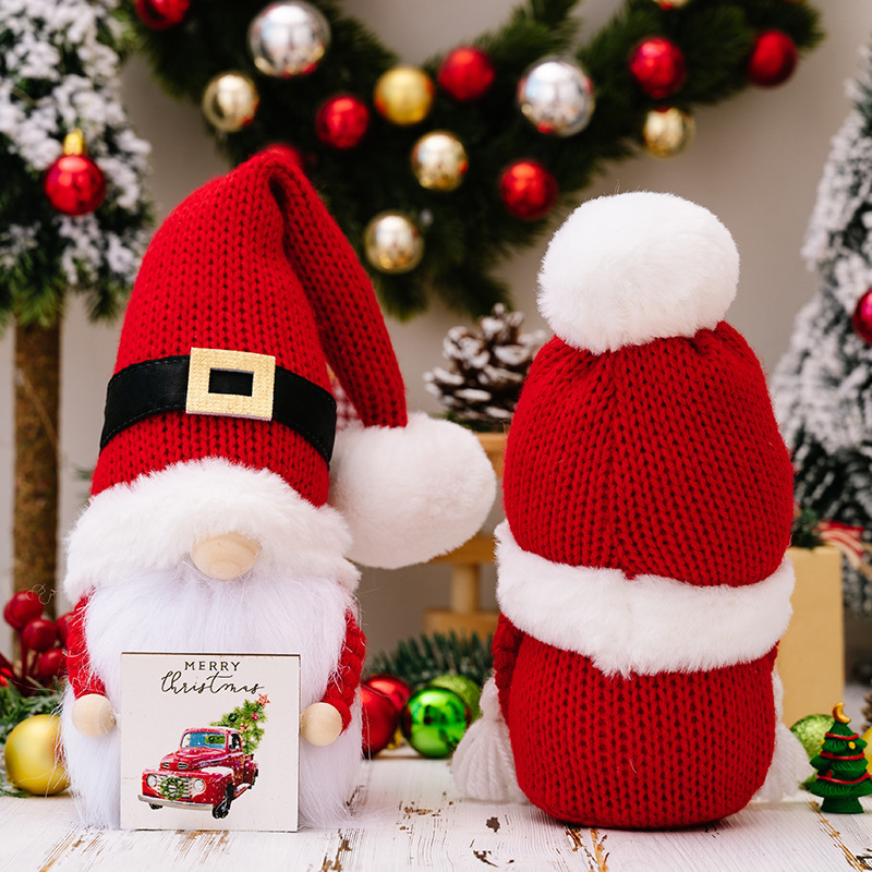 Red Knitted Santa Hairball Hat Faceless Dolls Couple Gnomes Hold Wood Tag Standing Plush Dwarf For Merry Christmas Gifts