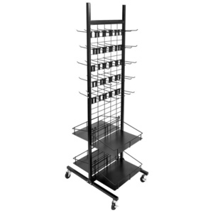 Retail Shop Grocery store supermarket Metal Double Sided Display Stand 2 Tiers moveable wheels Stand Rack With Hooks