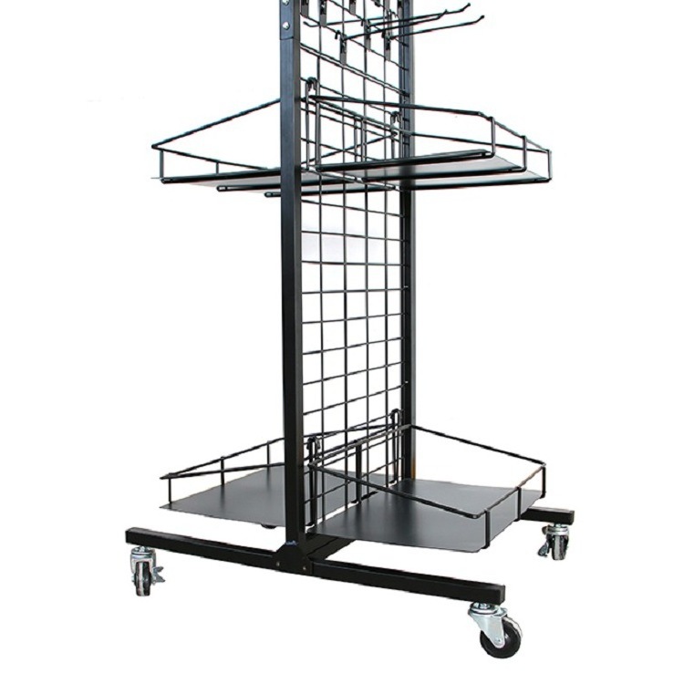 Retail Shop Grocery store supermarket Metal Double Sided Display Stand 2 Tiers moveable wheels Stand Rack With Hooks