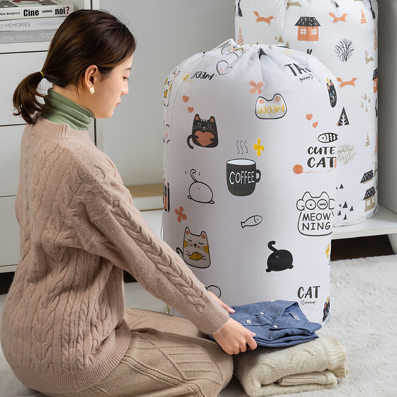 Cute Cartoon Clothes Storage Drawstring Bag 2 Pack Ultra Large Clothes Blankets Organizer Bag with Strap for move and storage