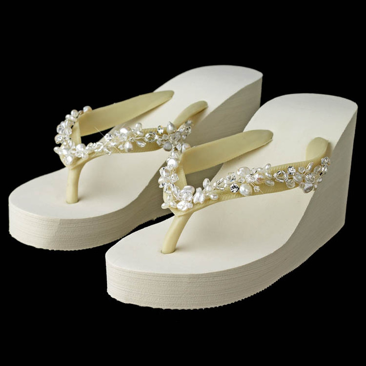 Wedding High wedge flip flops with crystal freshwater coin pearl accessories