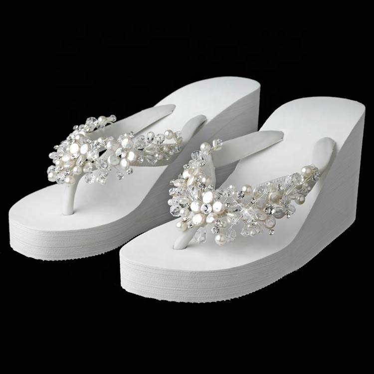 Wedding High wedge flip flops with crystal freshwater coin pearl accessories