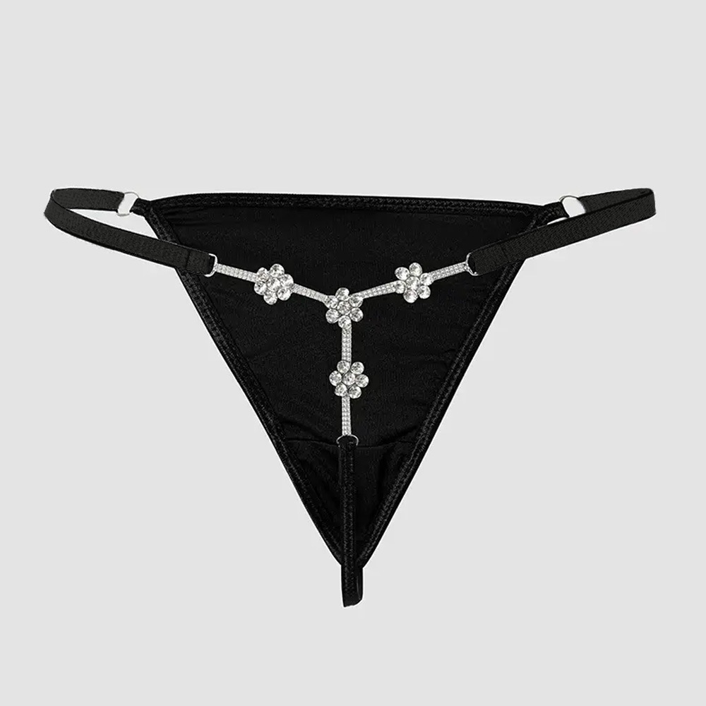 ROMANTIC Bling Crystal Flower Thong Panties Hollow T-Back Thong Underwear Rhinestone Body Jewelry for Women