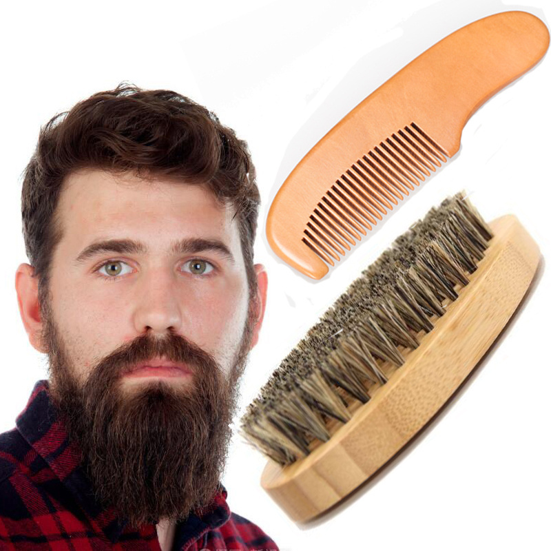 Gift Box bamboo Wood Beard Comb Brush Custom Logo Beard Brush And Comb Set with face pad For Men