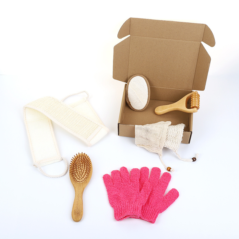 Natural Environmental friendly bath and body works with soap bag wooden hair brush body massagerloofah pad bath glove mitts