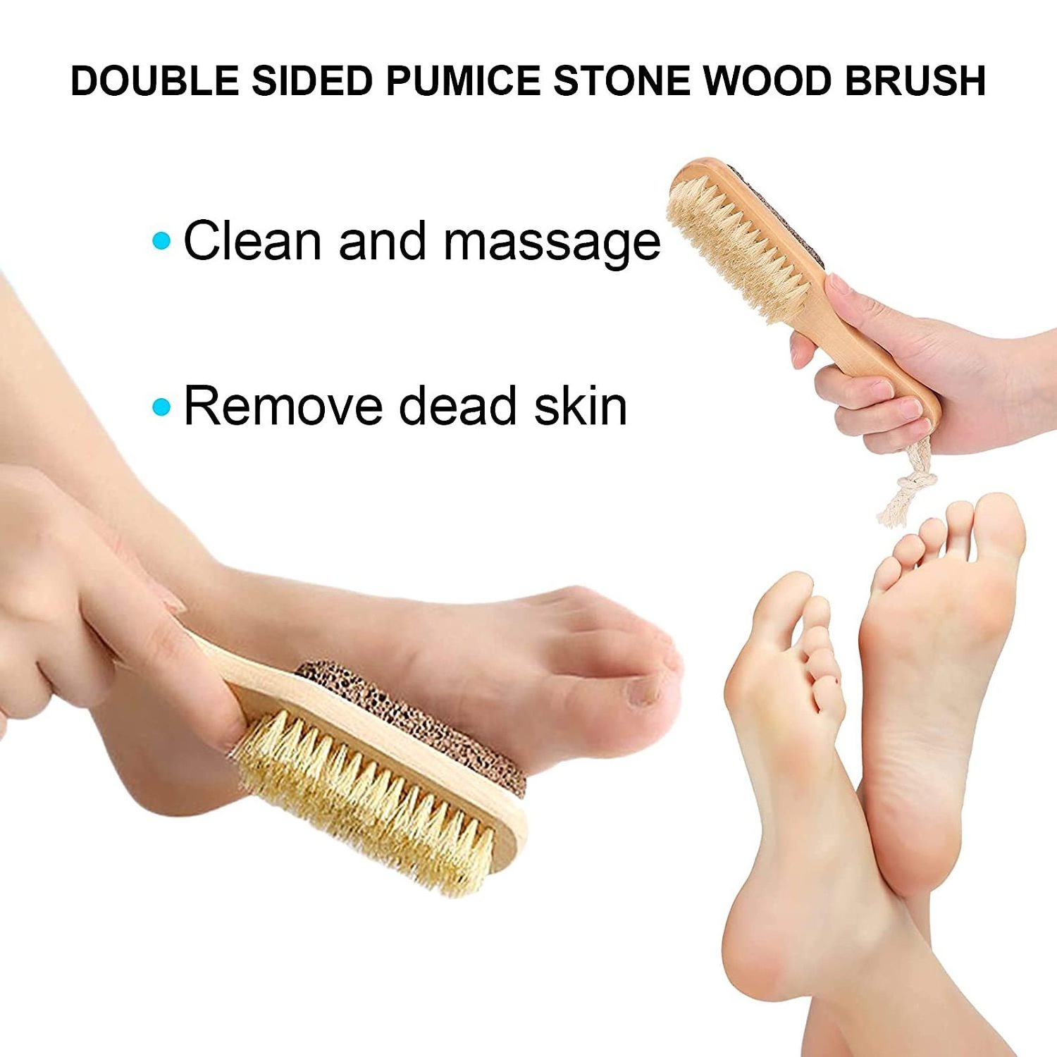 Foot Brush, Wooden Foot Bristle Brush Pumice Stone Stone Foot Callus Remover Double Sided Foot Washer, Dry or Wet Brushing