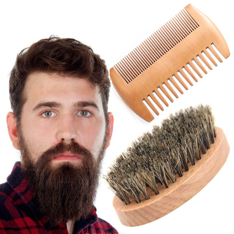 Gift Box bamboo Wood Beard Comb Brush Custom Logo Beard Brush And Comb Set with face pad For Men