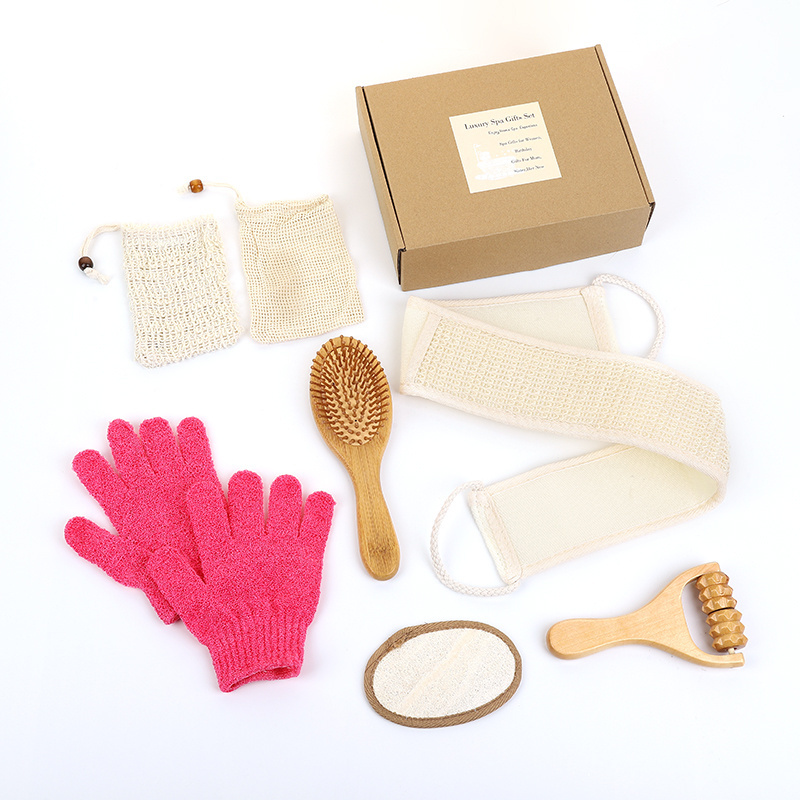 Natural Environmental friendly bath and body works with soap bag wooden hair brush body massagerloofah pad bath glove mitts