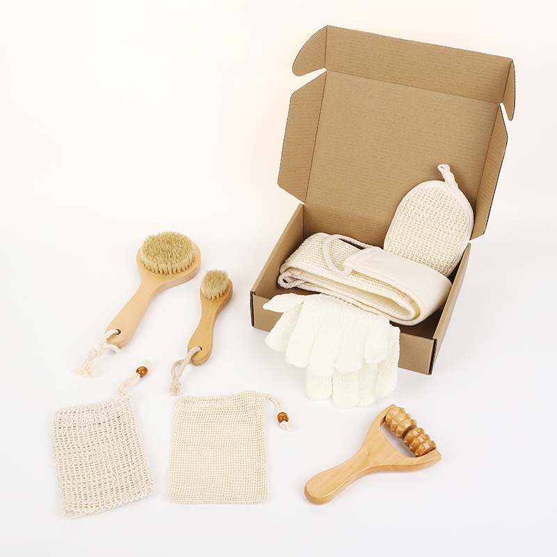 Natural Environmental friendly Spa Set with wooden brush wooden massager soap bag bath belt bath glove and face cleaning pad