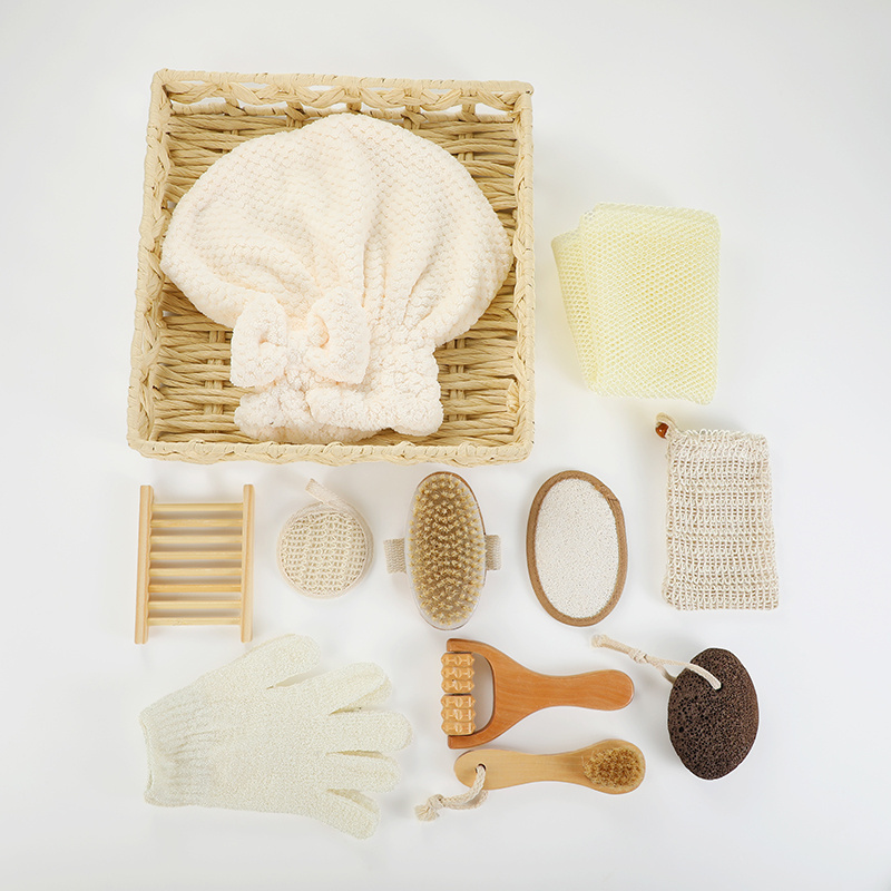 Promotional Spa Bath Beauty Gift Set Wooden Bath Set Including Hair Brush Pumice Stone Bath Pouf Sisal Sponge & Massager