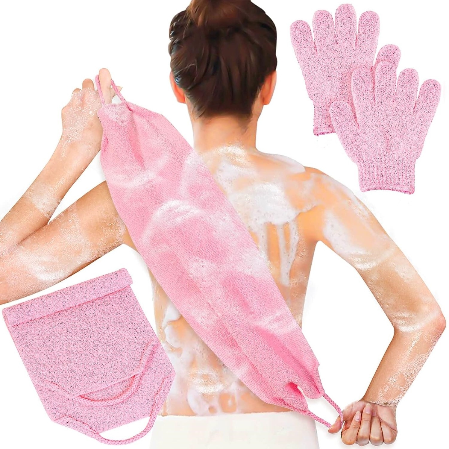 Exfoliating Shower Bath Gloves Back Scrubber Set for Body, Face, Shower, Bath, Scrub and Exfoliator (Pink)