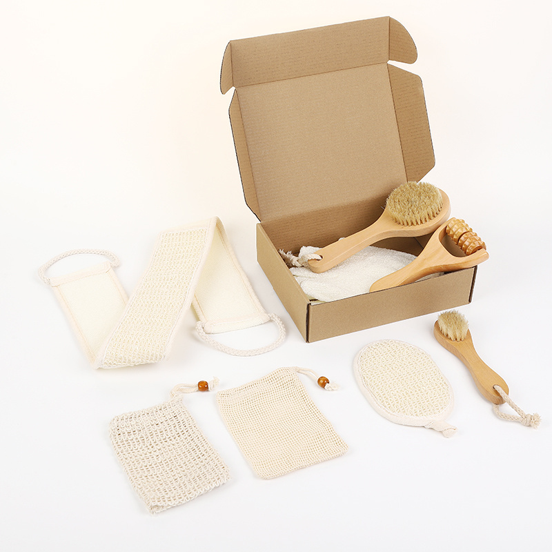 Natural Environmental friendly Spa Set with wooden brush wooden massager soap bag bath belt bath glove and face cleaning pad