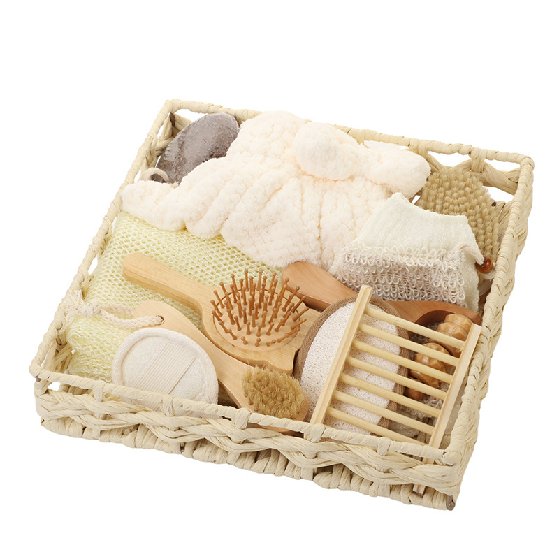 Promotional Spa Bath Beauty Gift Set Wooden Bath Set Including Hair Brush Pumice Stone Bath Pouf Sisal Sponge & Massager