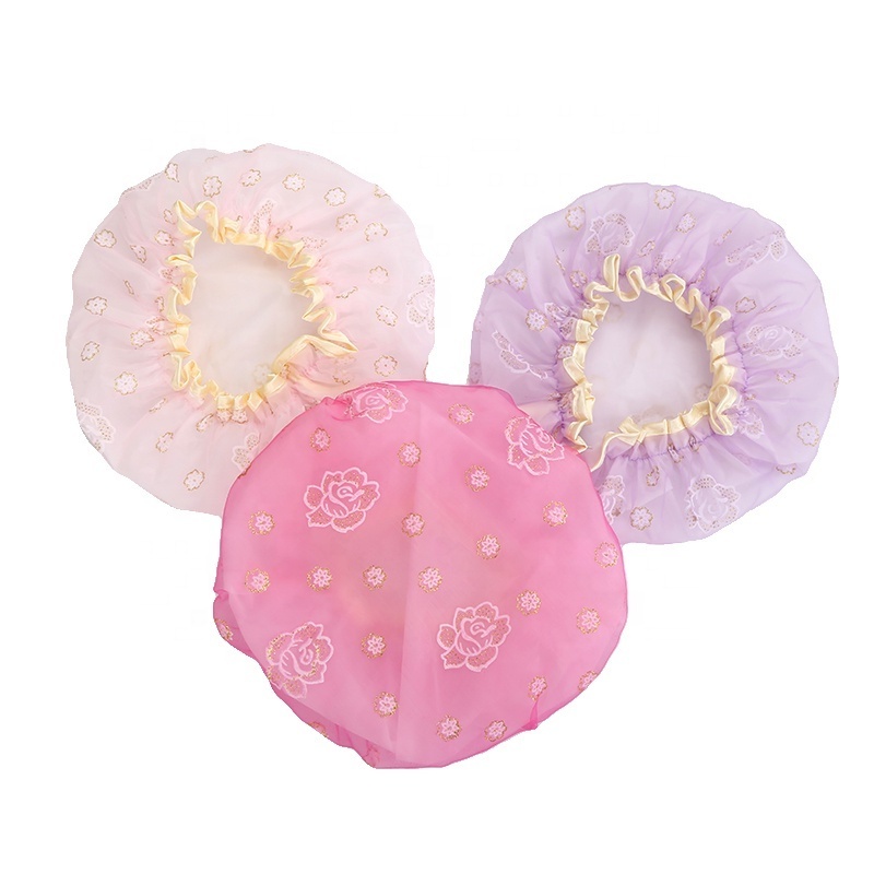 Customised wholesale bath shower cap Double Layer Printed Waterproof Reusable Waterproof Shower Cap for women