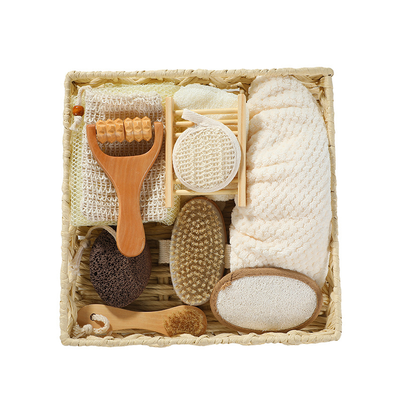 Promotional Spa Bath Beauty Gift Set Wooden Bath Set Including Hair Brush Pumice Stone Bath Pouf Sisal Sponge & Massager