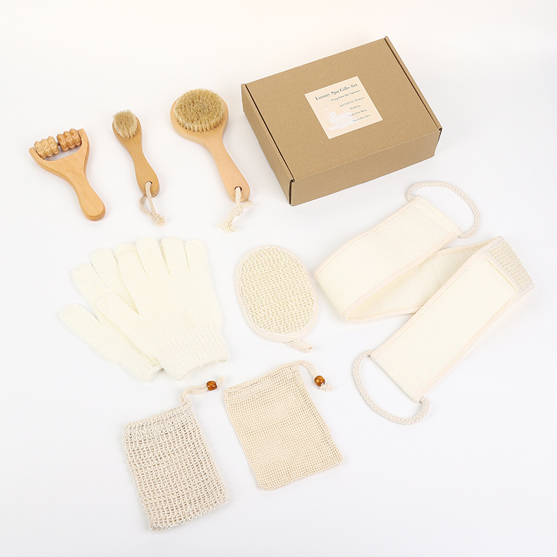 Natural Environmental friendly Spa Set with wooden brush wooden massager soap bag bath belt bath glove and face cleaning pad