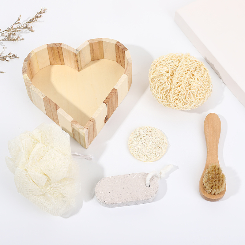 Promotional 6Pcs Spa Bath Beauty Gift Set Wooden Bath Set Including Hair Brush Pumice Stone Bath Pouf Sisal Sponge & Massager