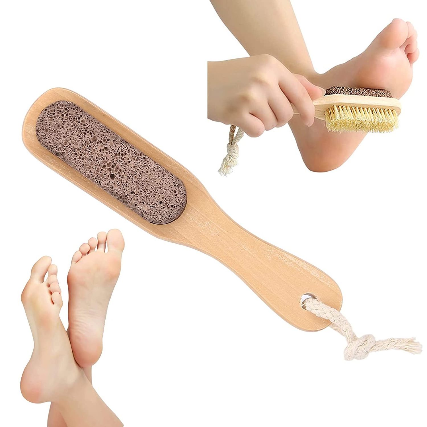 Foot Brush, Wooden Foot Bristle Brush Pumice Stone Stone Foot Callus Remover Double Sided Foot Washer, Dry or Wet Brushing