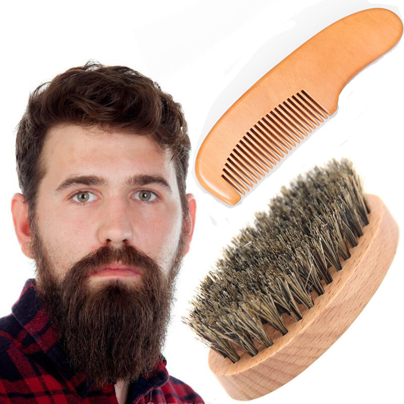 Gift Box bamboo Wood Beard Comb Brush Custom Logo Beard Brush And Comb Set with face pad For Men