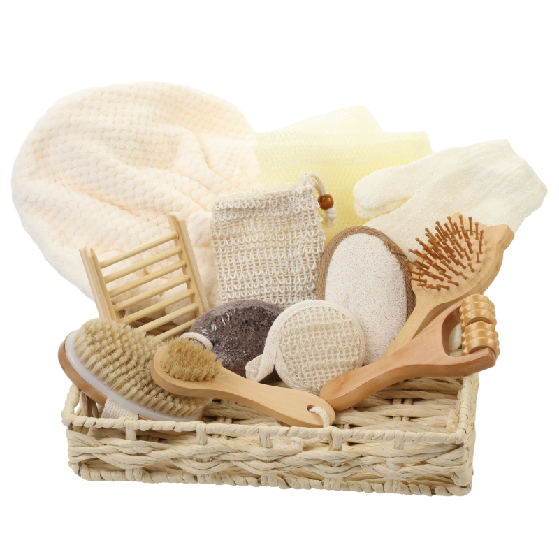 Promotional Spa Bath Beauty Gift Set Wooden Bath Set Including Hair Brush Pumice Stone Bath Pouf Sisal Sponge & Massager