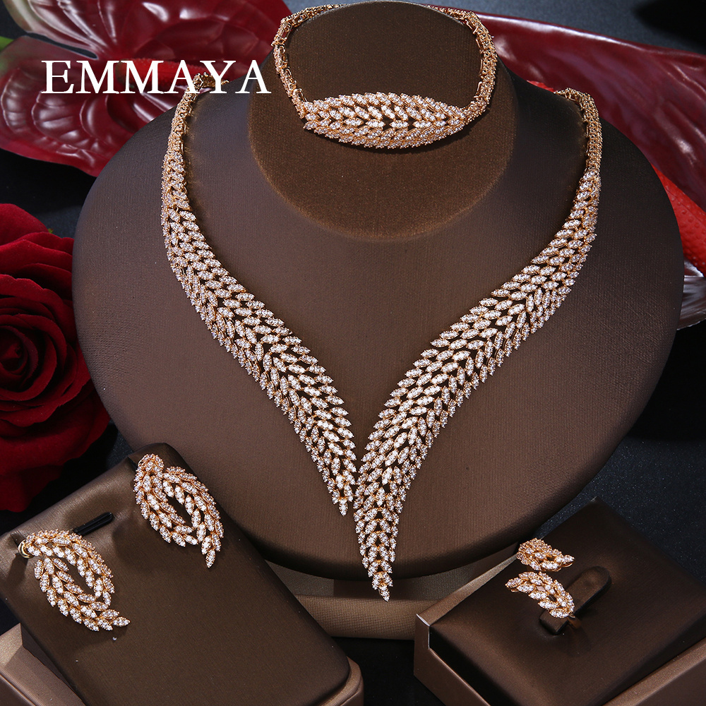 Emmaya Luxury Dubai 4pcs Jewellery Sets Engagement Earrings Necklace Bridal Wedding Cubic Zirconia 18k Gold Plated Jewelry Sets