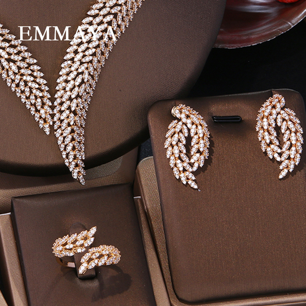 Emmaya Luxury Dubai 4pcs Jewellery Sets Engagement Earrings Necklace Bridal Wedding Cubic Zirconia 18k Gold Plated Jewelry Sets