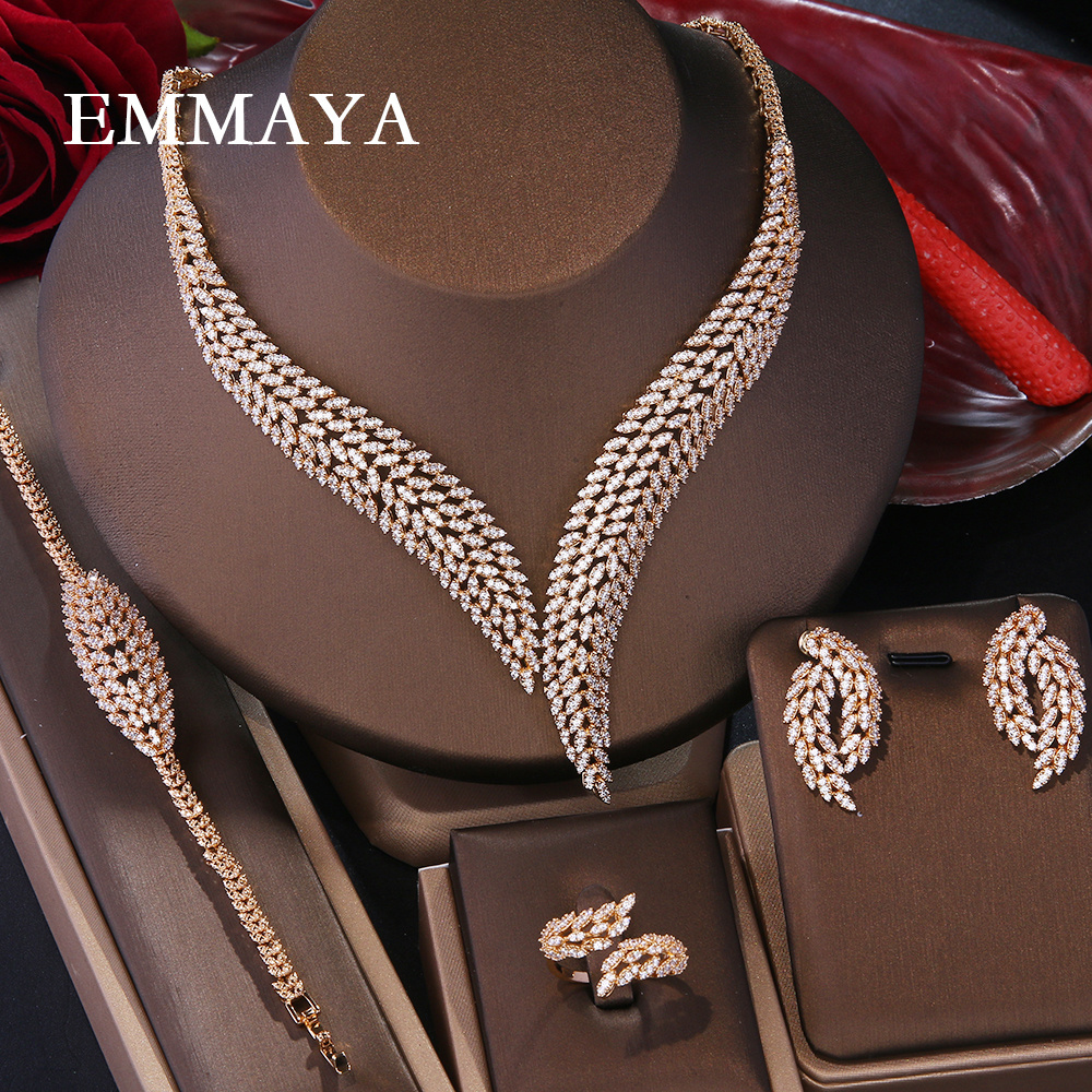 Emmaya Luxury Dubai 4pcs Jewellery Sets Engagement Earrings Necklace Bridal Wedding Cubic Zirconia 18k Gold Plated Jewelry Sets