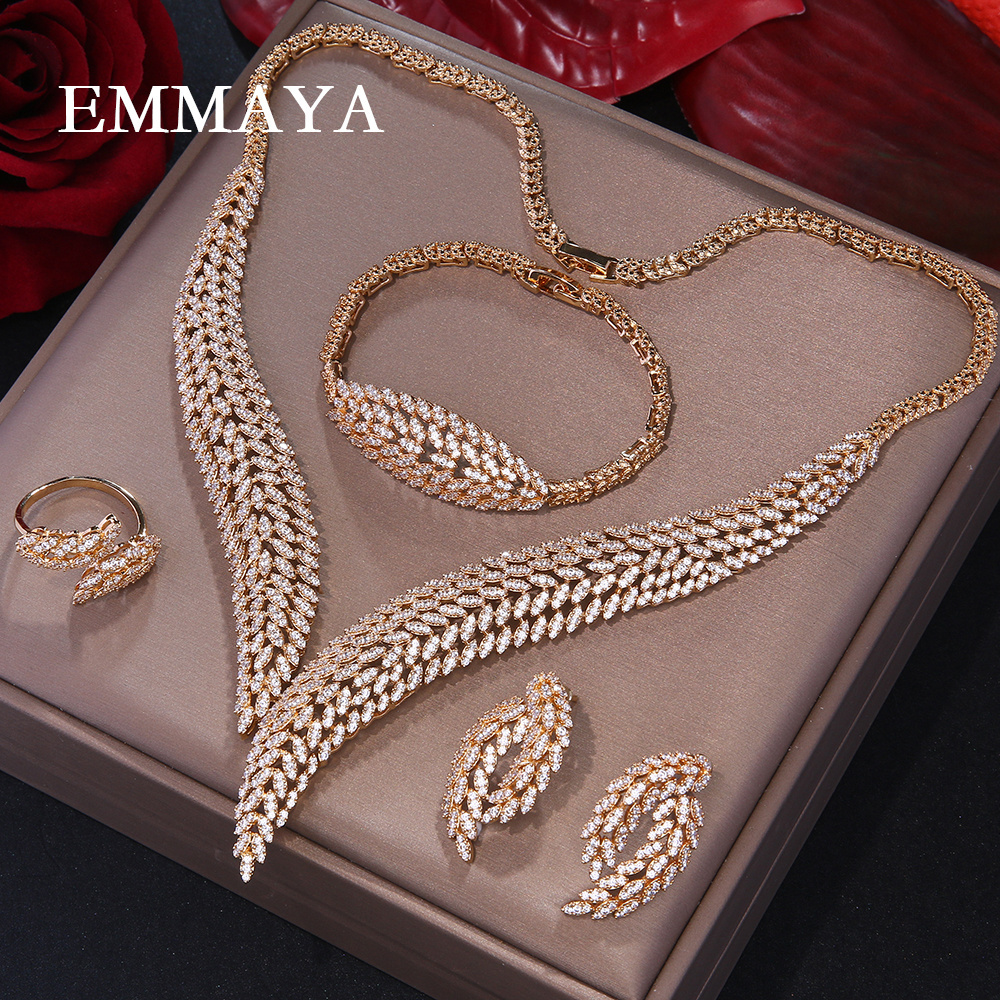 Emmaya Luxury Dubai 4pcs Jewellery Sets Engagement Earrings Necklace Bridal Wedding Cubic Zirconia 18k Gold Plated Jewelry Sets