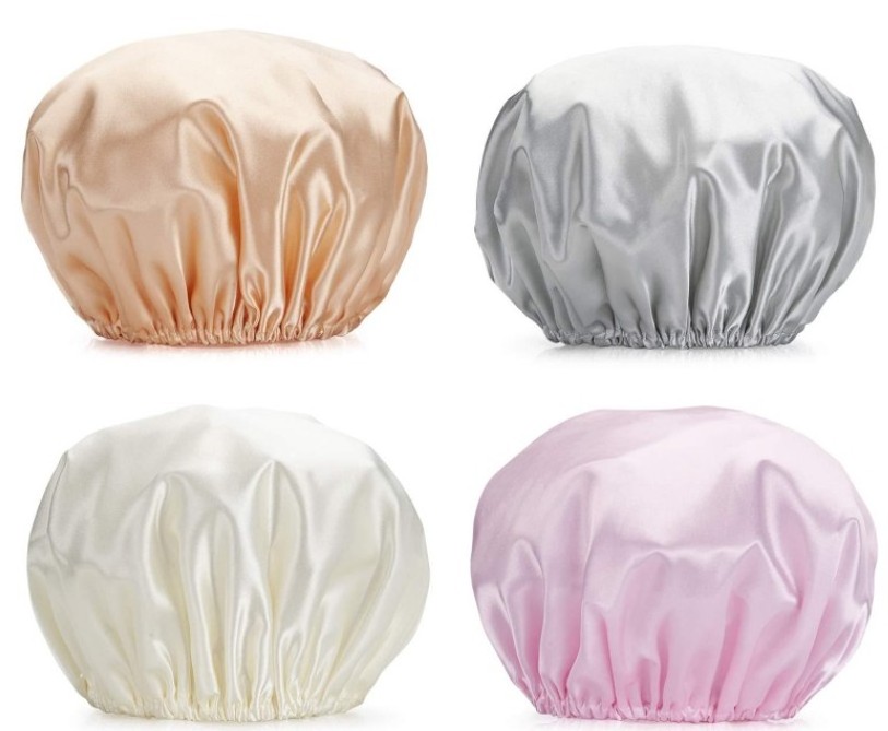 Hot sale solid satin extra large bath shower cap double layer waterproof bonnet bathing cap