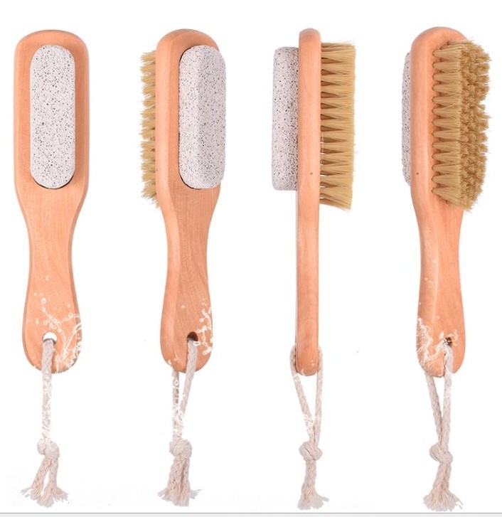 Foot Natural Bristle Brush & Pumice Stone Combo  wooden handle - Exfoliator Remover  Body skin feet scrubber for massage