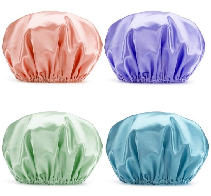 Hot sale solid satin extra large bath shower cap double layer waterproof bonnet bathing cap