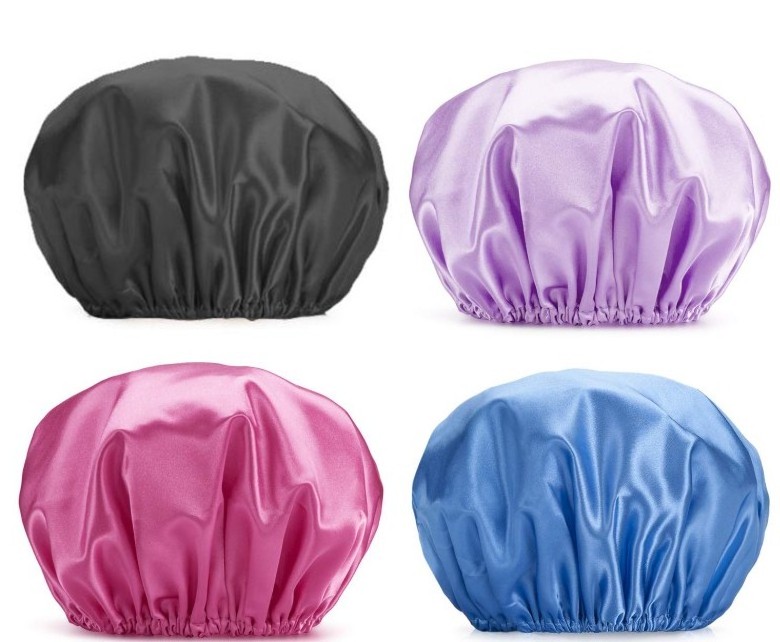 Hot sale solid satin extra large bath shower cap double layer waterproof bonnet bathing cap