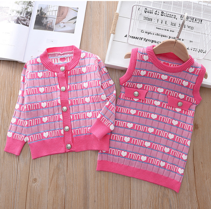 RTS 2024 Valentine's Day Spring And Autumn Kid Two Piece Girls Dress Knitted Sweater And Dress Baby Sweet Outfits Kid Boutique