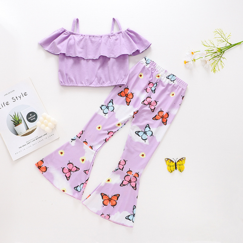 2022 Summer New Children Clothing Girl Sling + Butterfly Bell-bottom Trouser Set Boutique Children's Suit Wholesale