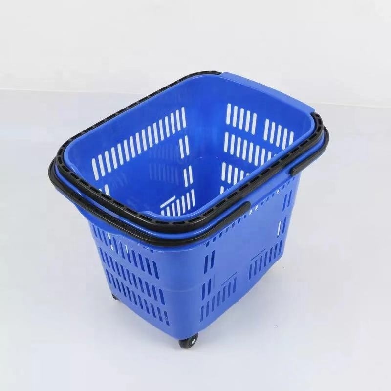 Supermarket plastic rolling shopping trolley basket with handle with 2 wheels wholesale