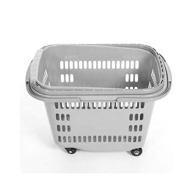 Supermarket plastic rolling shopping trolley basket with handle with 2 wheels wholesale