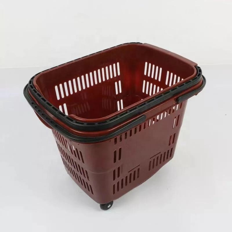 Supermarket plastic rolling shopping trolley basket with handle with 2 wheels wholesale