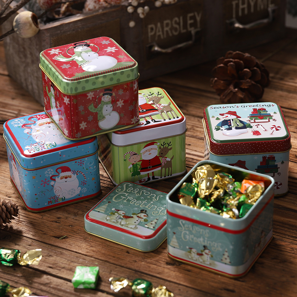 Christmas Tin Gift Box Metal Candy Chocolate Box Square Candy Storage Containers with Lids for Holiday Xmas Supplies