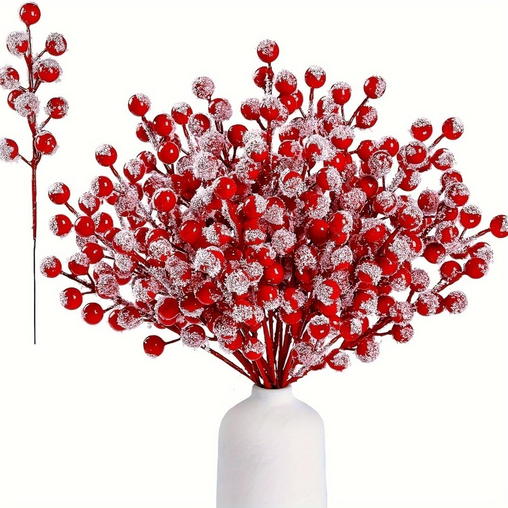 Snow Frosted Artificial Red Berry Stems Snowy Christmas Red Spray Picks Holly Berry Branches For DIY Decor Xmas Tree Ornaments