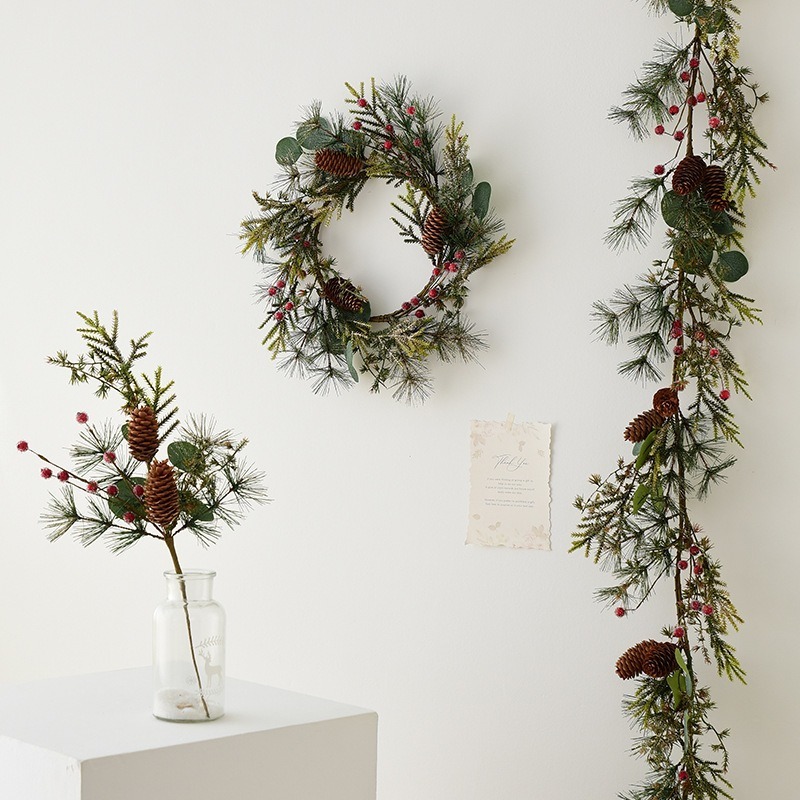 Christmas Garland with Berries Pine Cones Spruce Eucalyptus Leaves Winter Wreath for Holiday Season Mantel Fireplace Table Decor