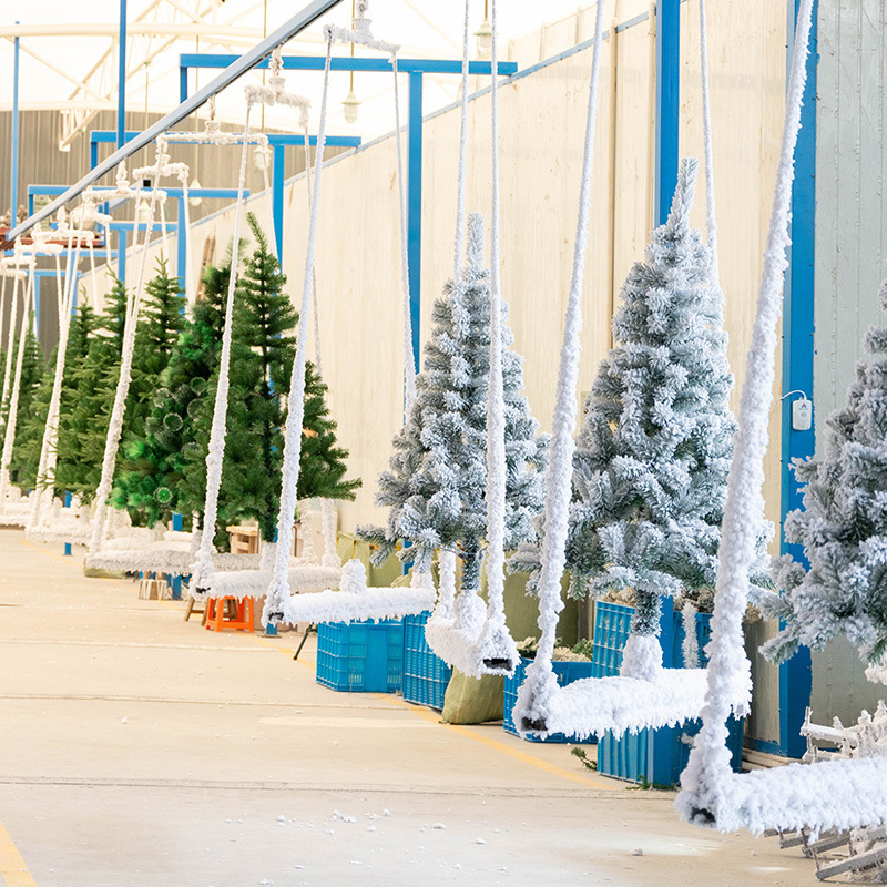 Wholesale 1.5 M 2.1 M 2.4 M PVC Artificial Pre Lit Flocking Snowing Christmas Tree with Umbrella Base Snow Spray for Pine Tree