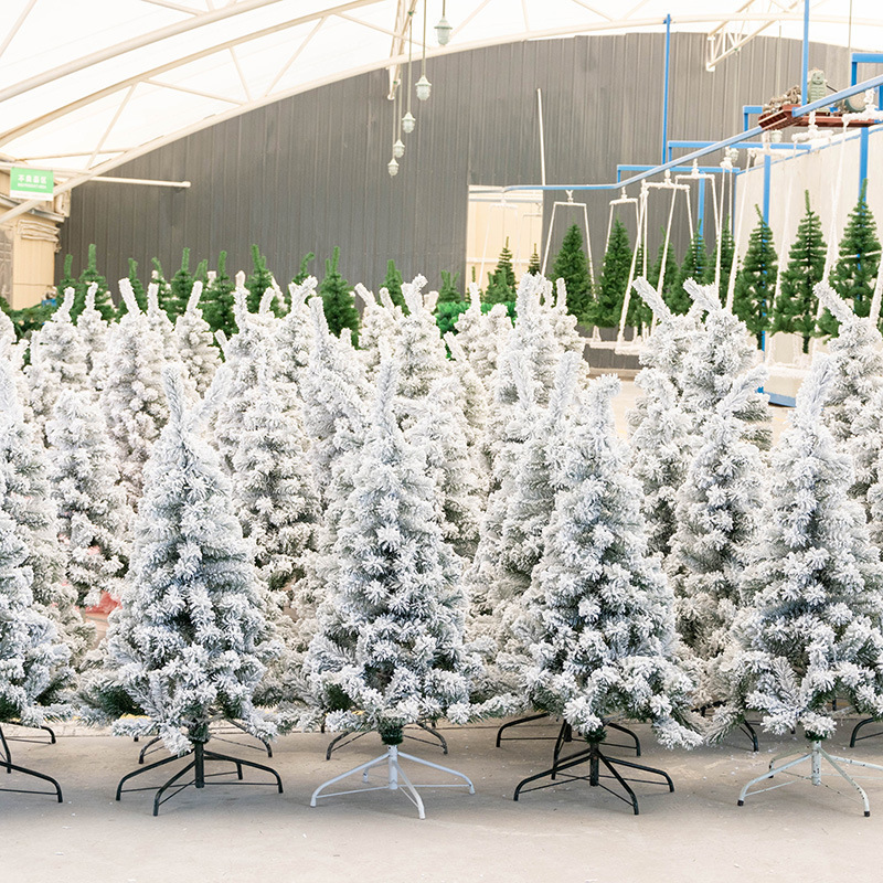 Wholesale 1.5 M 2.1 M 2.4 M PVC Artificial Pre Lit Flocking Snowing Christmas Tree with Umbrella Base Snow Spray for Pine Tree