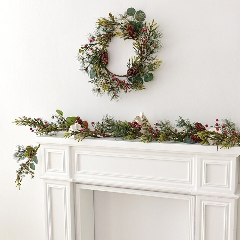 Christmas Garland with Berries Pine Cones Spruce Eucalyptus Leaves Winter Wreath for Holiday Season Mantel Fireplace Table Decor