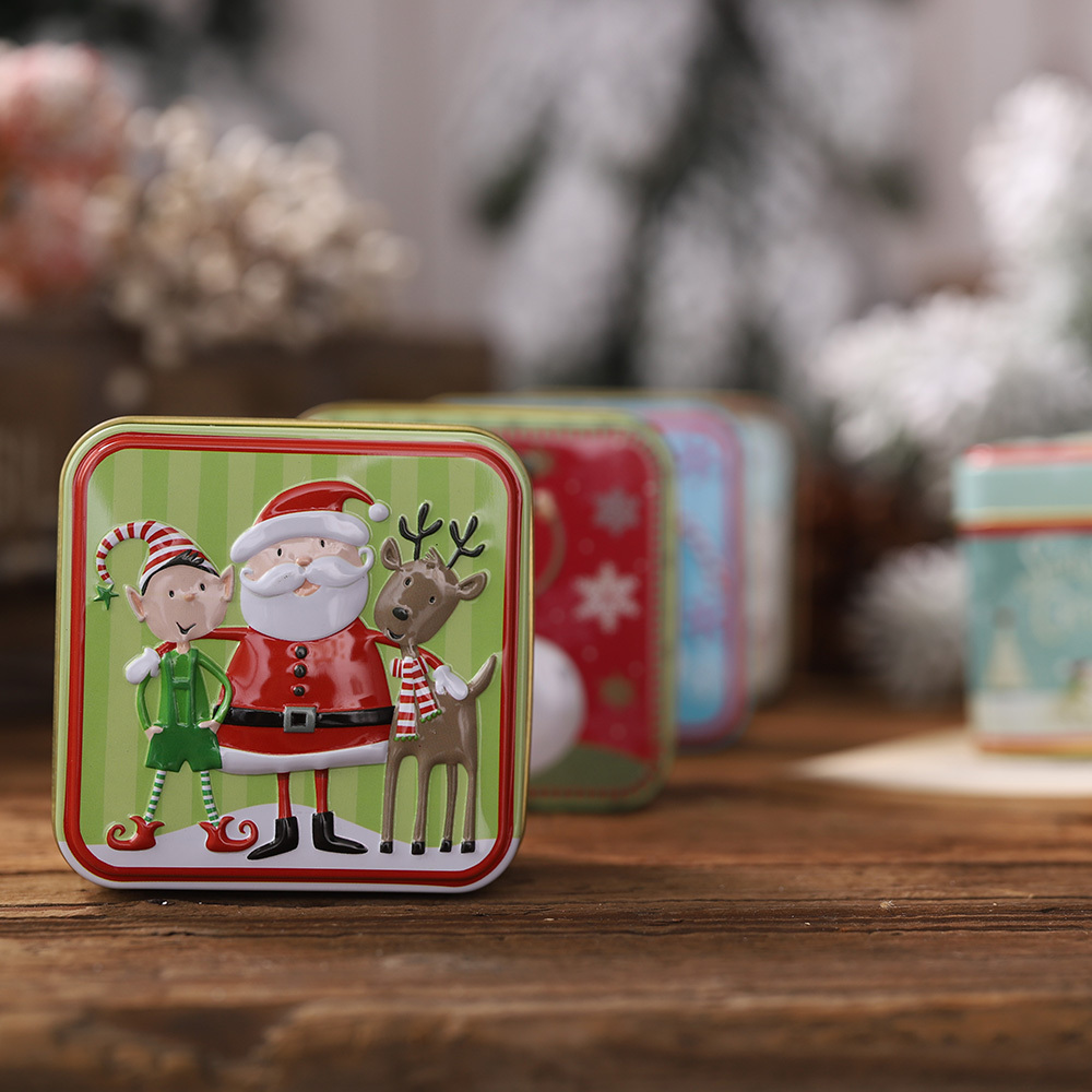 Christmas Tin Gift Box Metal Candy Chocolate Box Square Candy Storage Containers with Lids for Holiday Xmas Supplies