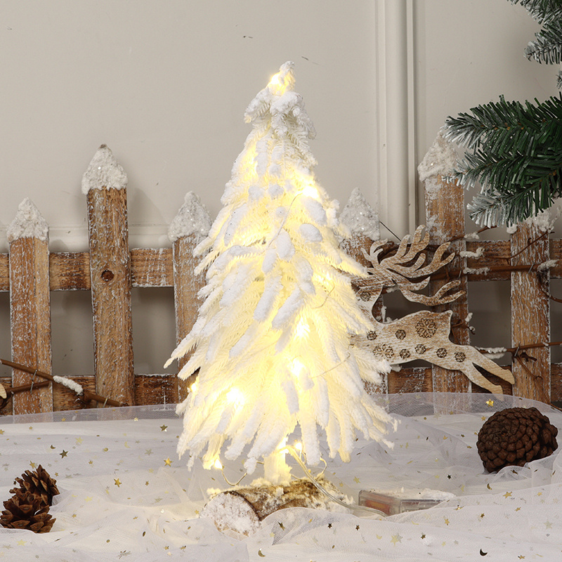 China Custom White PE Christmas Tree with Led Lights 35cm Table Top Flocking Snow Xmas Three Tree